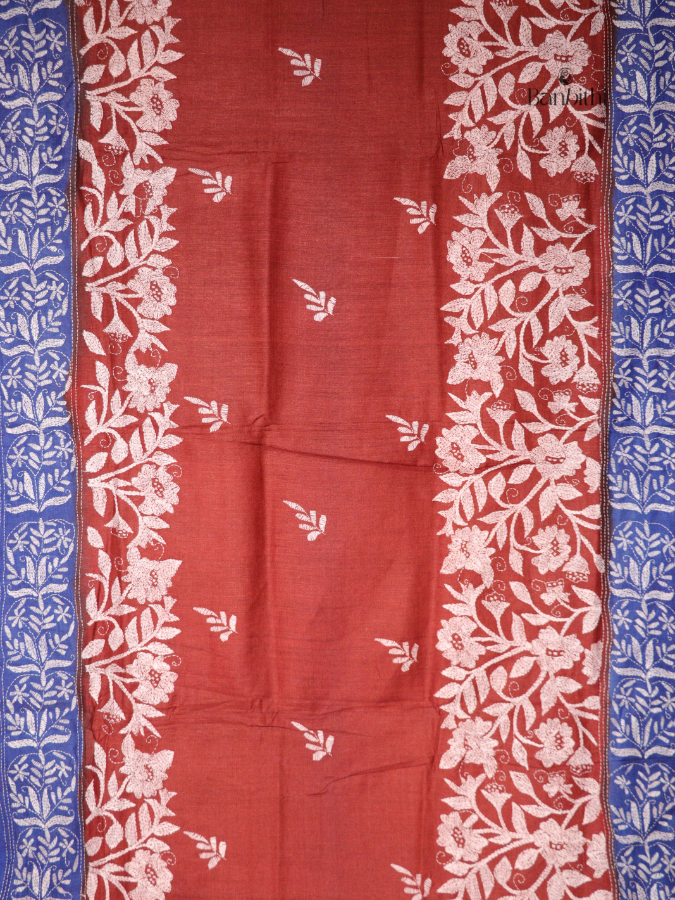 Hand Stitched Kantha Tussar Silk Saree – Blue (Variant 2)