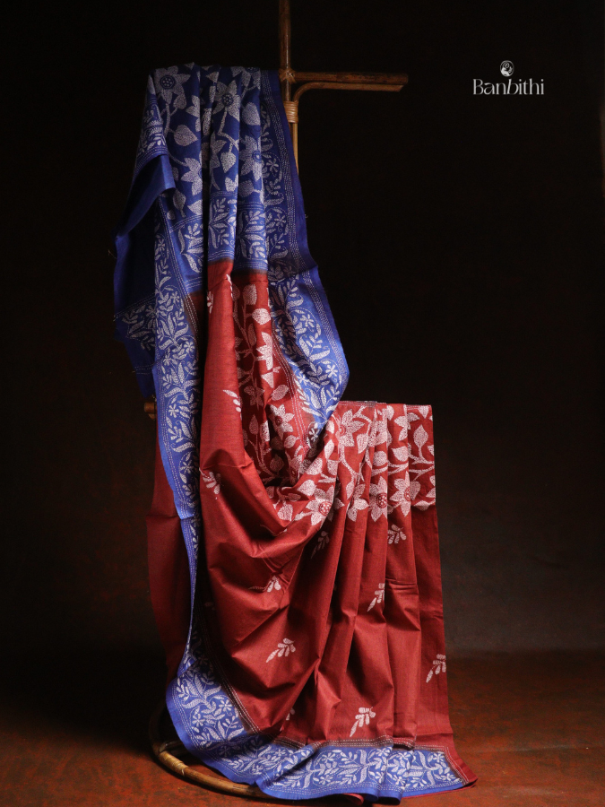 Hand Stitched Kantha Tussar Silk Saree – Blue (Variant 1)