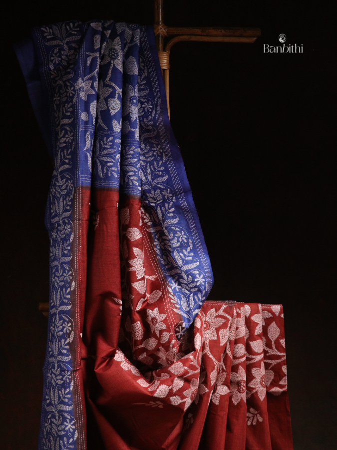 Hand Stitched Kantha Tussar Silk Saree – Blue (Variant 1)