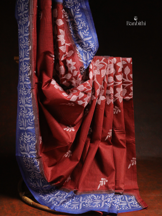 Hand Stitched Kantha Tussar Silk Saree – Blue (Variant 1)