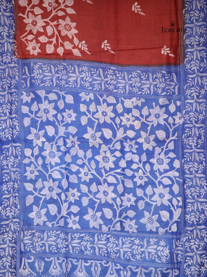 Hand Stitched Kantha Tussar Silk Saree – Blue (Variant 1)