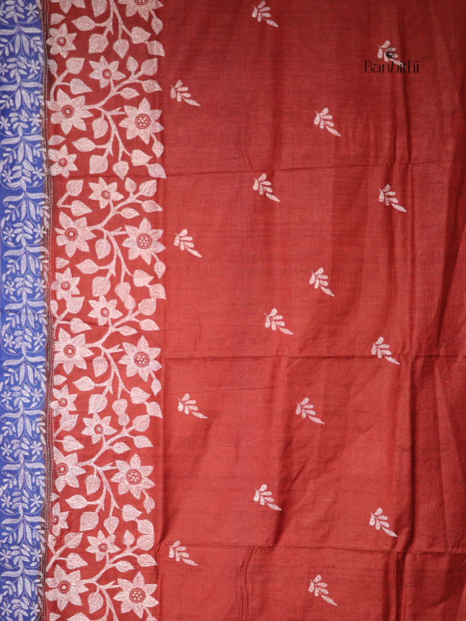 Hand Stitched Kantha Tussar Silk Saree – Blue (Variant 1)