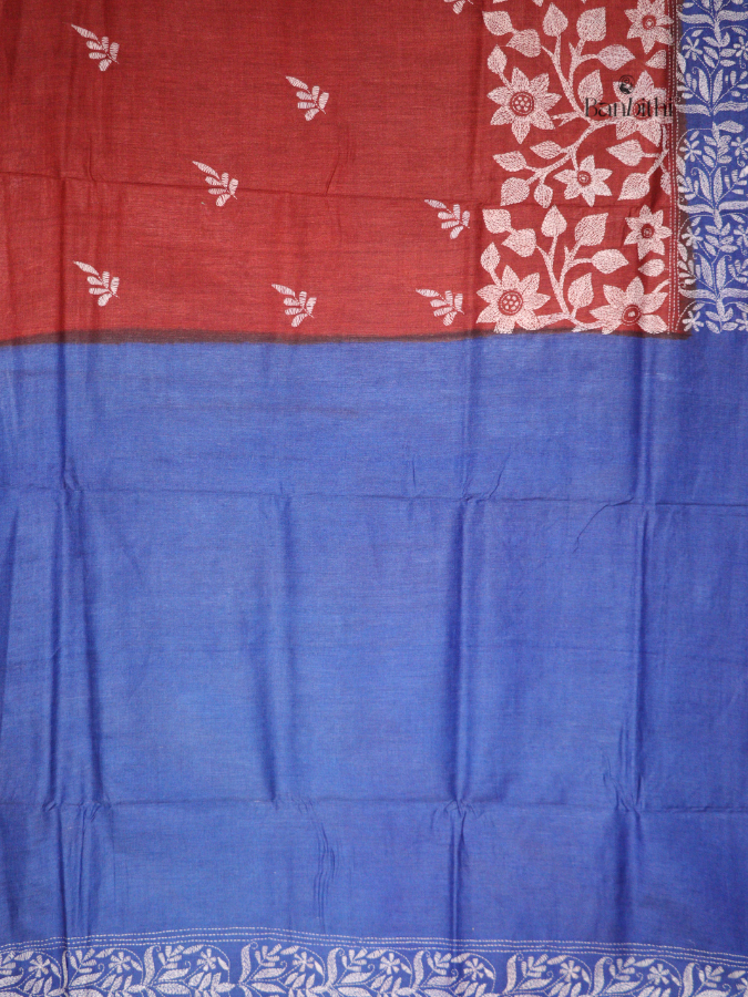 Hand Stitched Kantha Tussar Silk Saree – Blue (Variant 1)