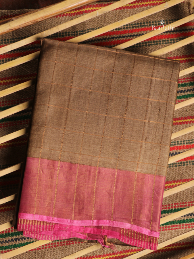 Zari Check Tussar Silk Saree with Hand Painted Kalamkari Blouse – Brown