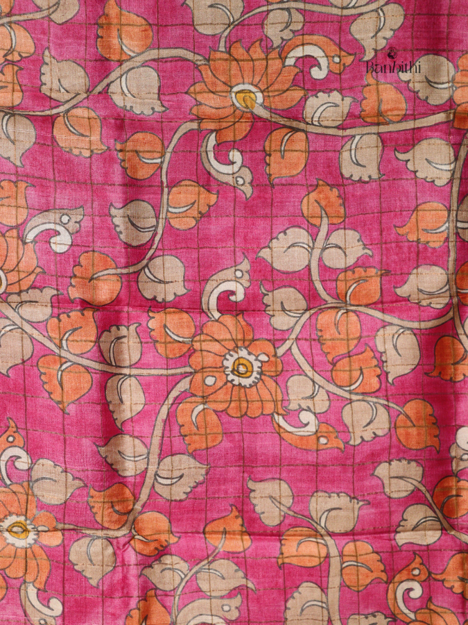 Zari Check Tussar Silk Saree with Hand Painted Kalamkari Blouse – Brown