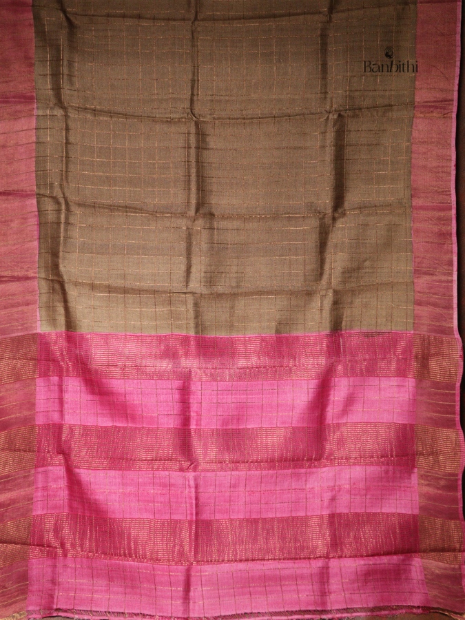 Zari Check Tussar Silk Saree with Hand Painted Kalamkari Blouse – Brown