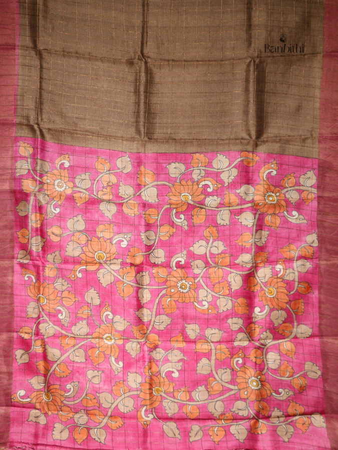 Zari Check Tussar Silk Saree with Hand Painted Kalamkari Blouse – Brown