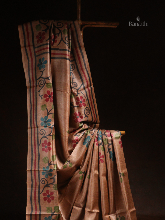 Hand Painted Desi Tussar Silk Saree – Brown