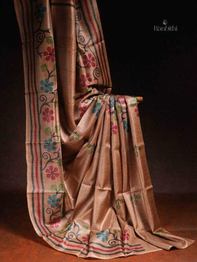 Hand Painted Desi Tussar Silk Saree – Brown