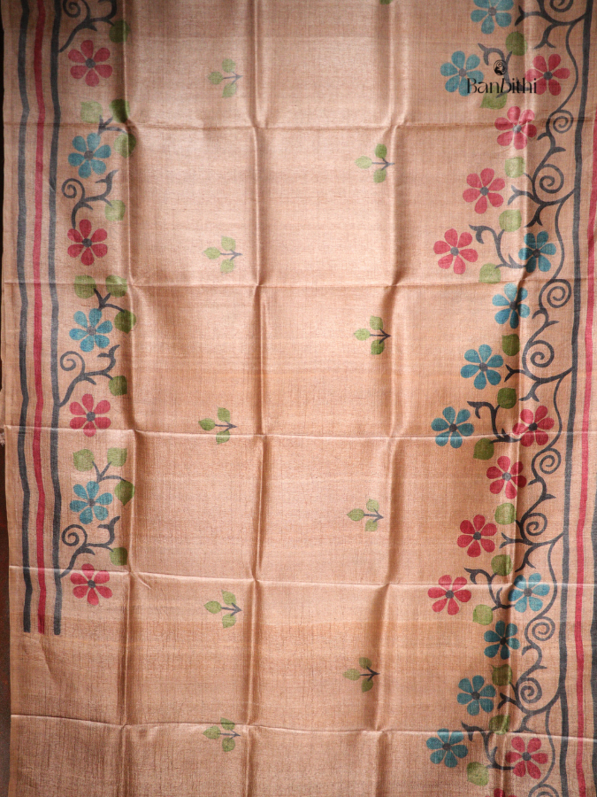 Hand Painted Desi Tussar Silk Saree – Brown