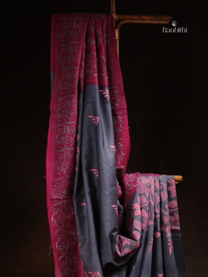 Hand Stitched Kantha Tussar Silk Saree – Magenta