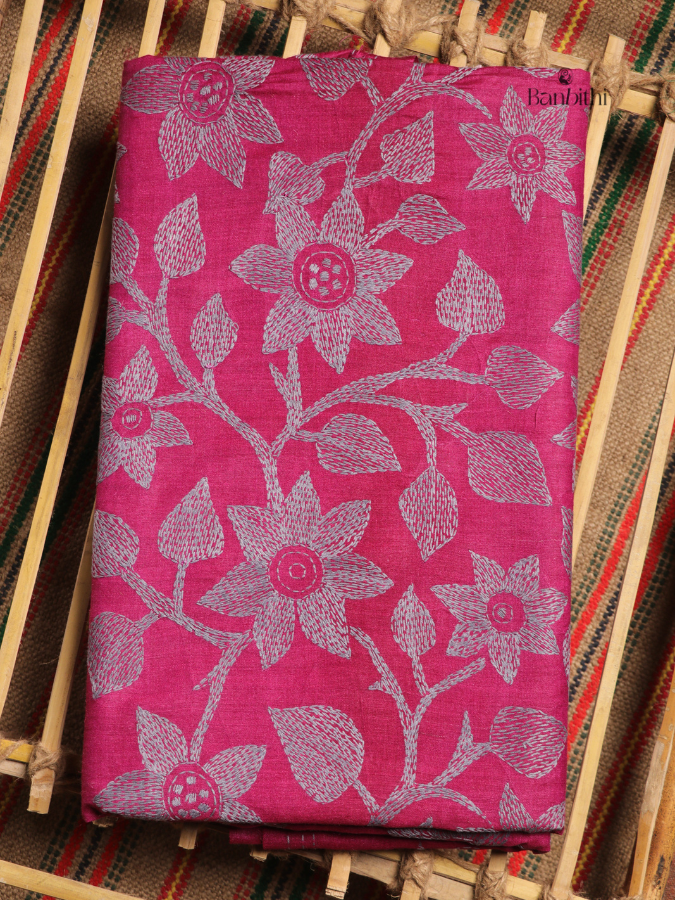 Hand Stitched Kantha Tussar Silk Saree – Magenta