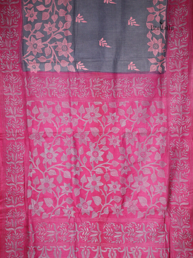 Hand Stitched Kantha Tussar Silk Saree – Magenta