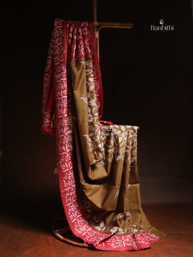 Hand Stitched Kantha Tussar Silk Saree – Red