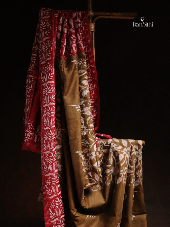 Hand Stitched Kantha Tussar Silk Saree – Red