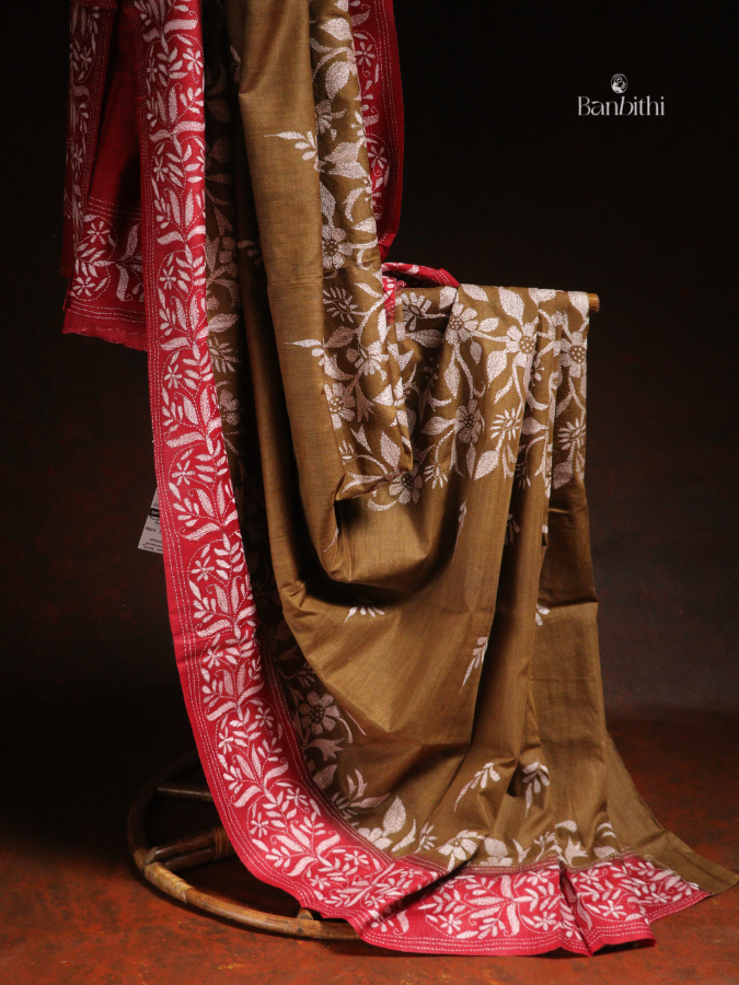 Hand Stitched Kantha Tussar Silk Saree – Red