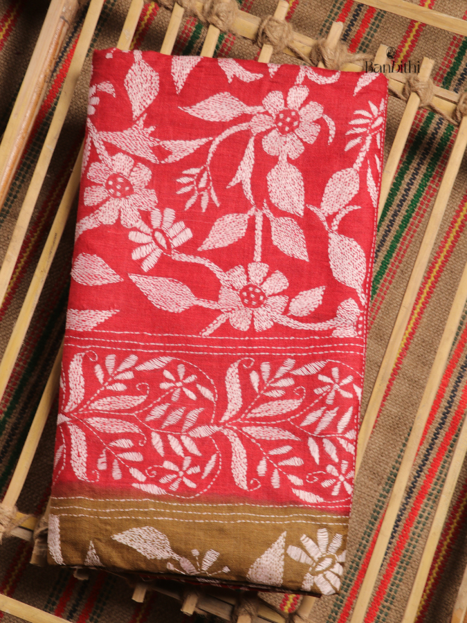 Hand Stitched Kantha Tussar Silk Saree – Red