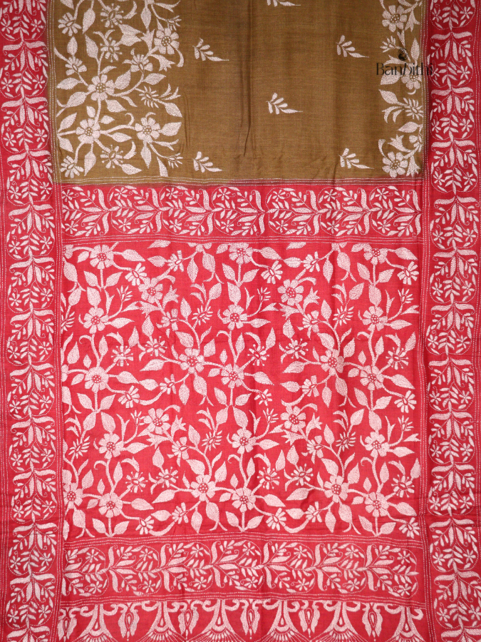 Hand Stitched Kantha Tussar Silk Saree – Red