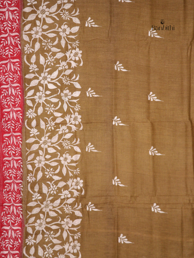 Hand Stitched Kantha Tussar Silk Saree – Red