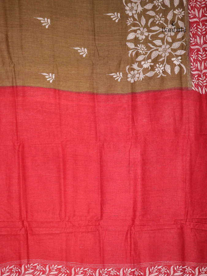 Hand Stitched Kantha Tussar Silk Saree – Red