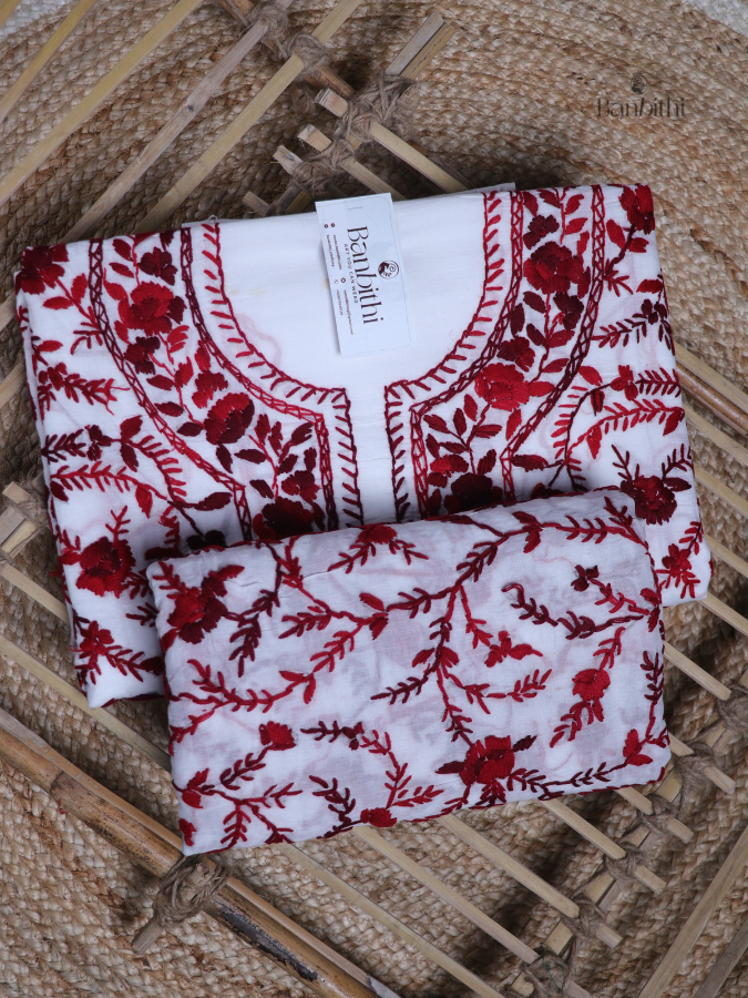 Hand Embroidered Cotton Suit Set – 3 Pcs White and Red