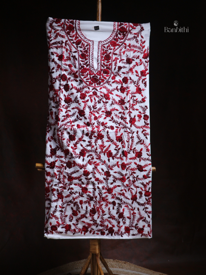 Hand Embroidered Cotton Suit Set – 3 Pcs White and Red