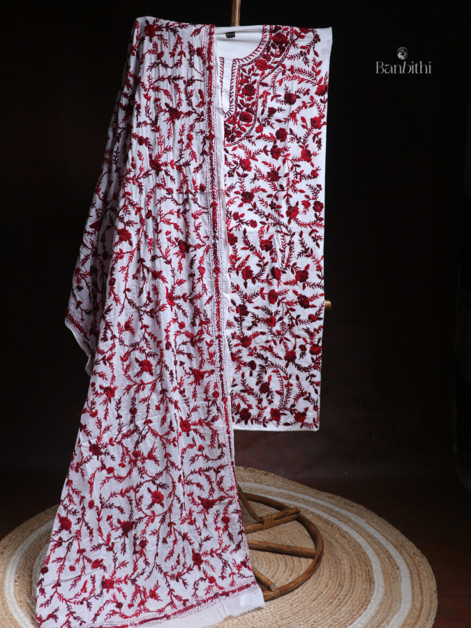 Hand Embroidered Cotton Suit Set – 3 Pcs White and Red