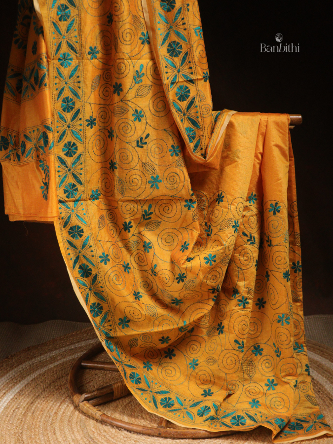 Hand Embroidered Sico Chanderi Saree – Yellow with Blue Thread (Variant II)