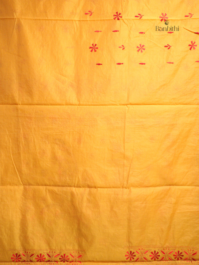 Hand Embroidered Sico Chanderi Saree – Yellow with Red Thread
