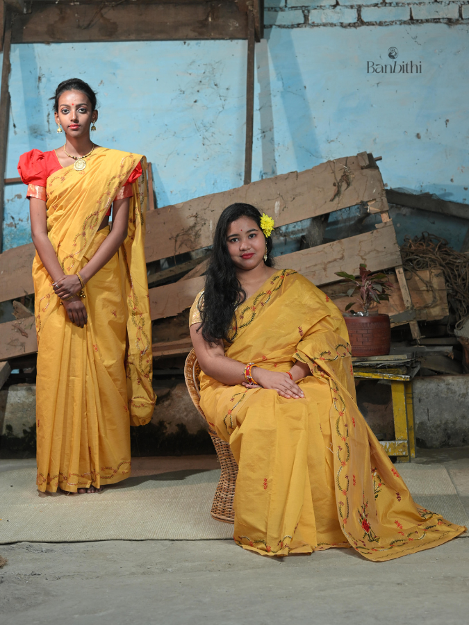 Hand Embroidered Saree – Yellow