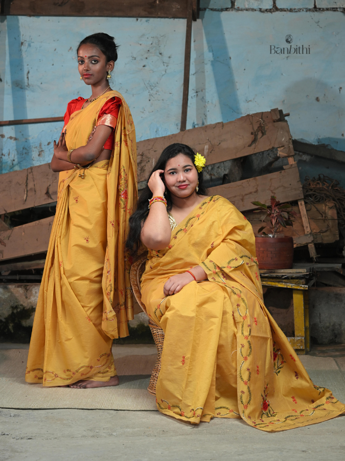Hand Embroidered Saree – Yellow