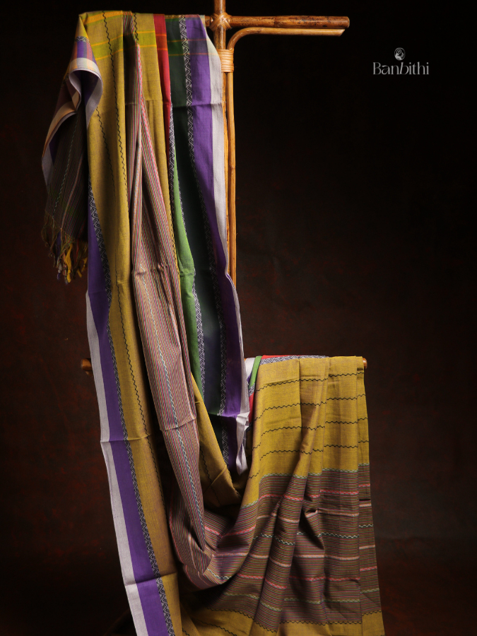 Pure Cotton Handwoven Dhaniakhali Saree – Yellow Purple