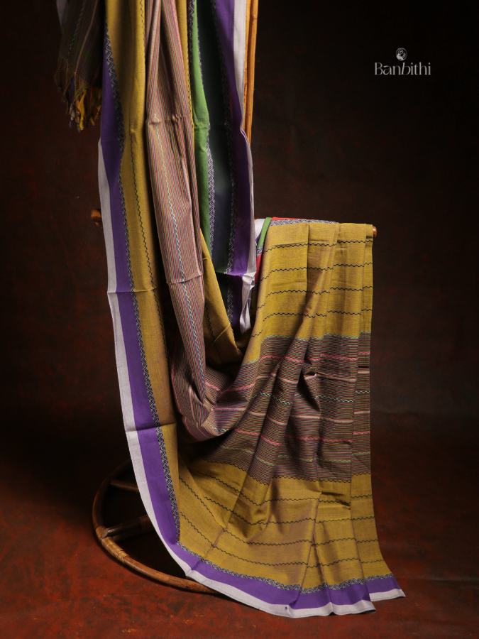 Pure Cotton Handwoven Dhaniakhali Saree – Yellow Purple