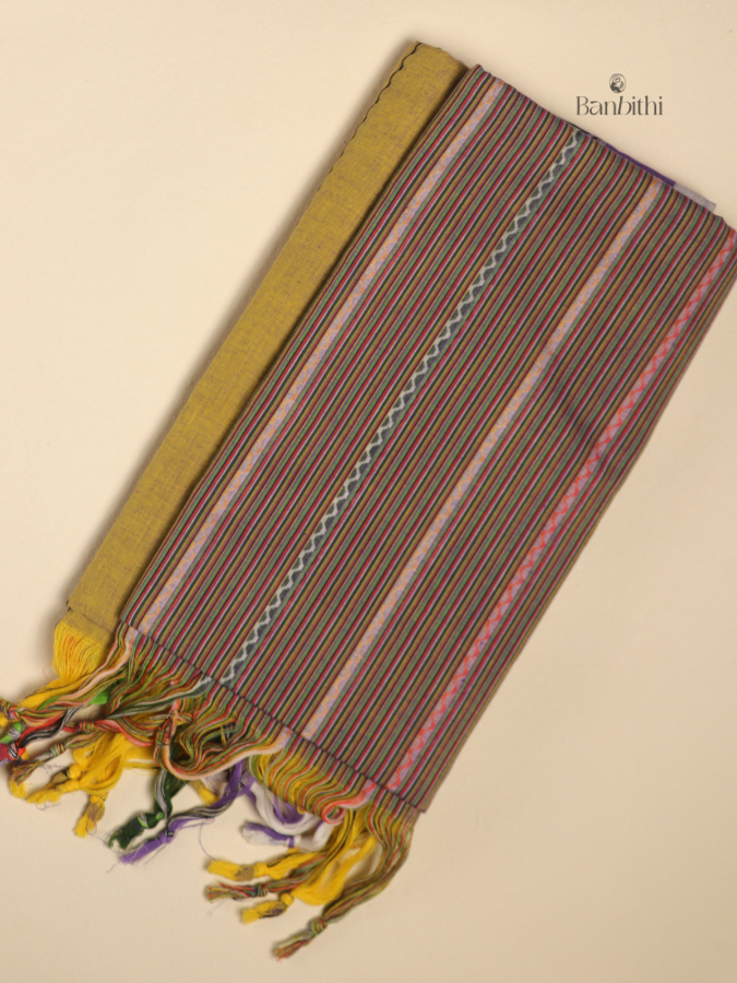 Pure Cotton Handwoven Dhaniakhali Saree – Yellow Purple