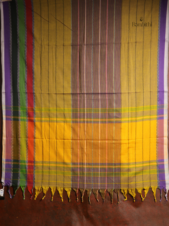 Pure Cotton Handwoven Dhaniakhali Saree – Yellow Purple