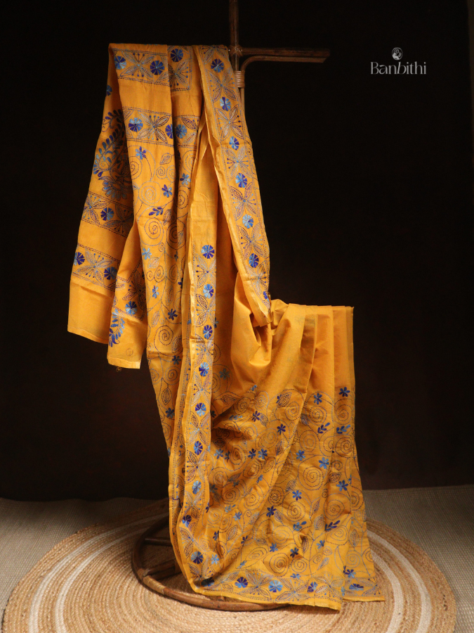Hand Embroidered Sico Chanderi Saree – Yellow with Blue Thread