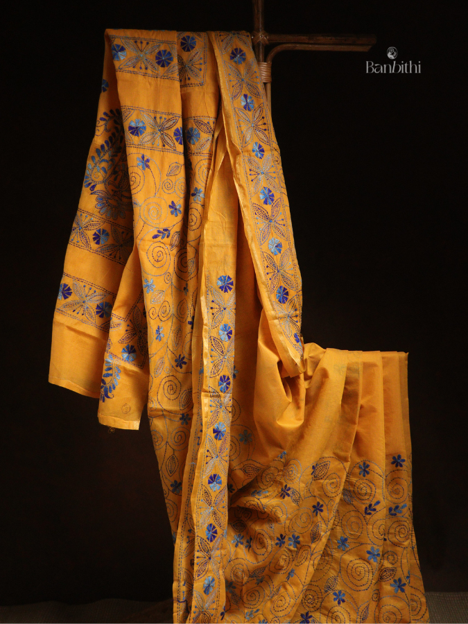 Hand Embroidered Sico Chanderi Saree – Yellow with Blue Thread