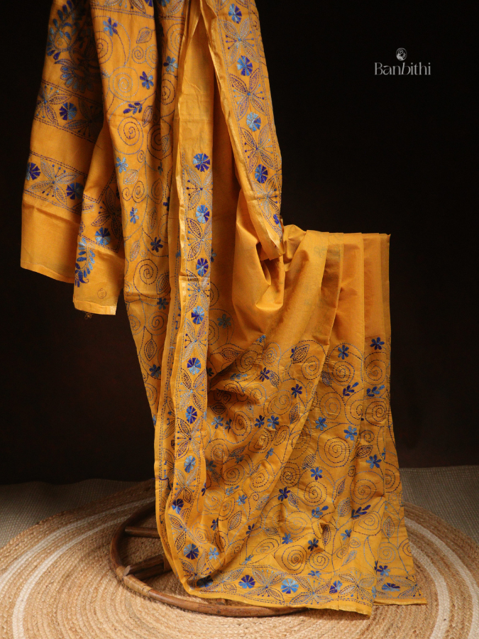 Hand Embroidered Sico Chanderi Saree – Yellow with Blue Thread