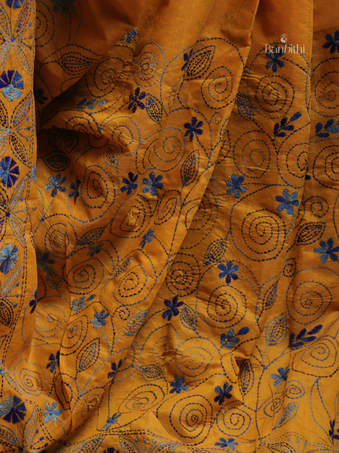 Hand Embroidered Sico Chanderi Saree – Yellow with Blue Thread