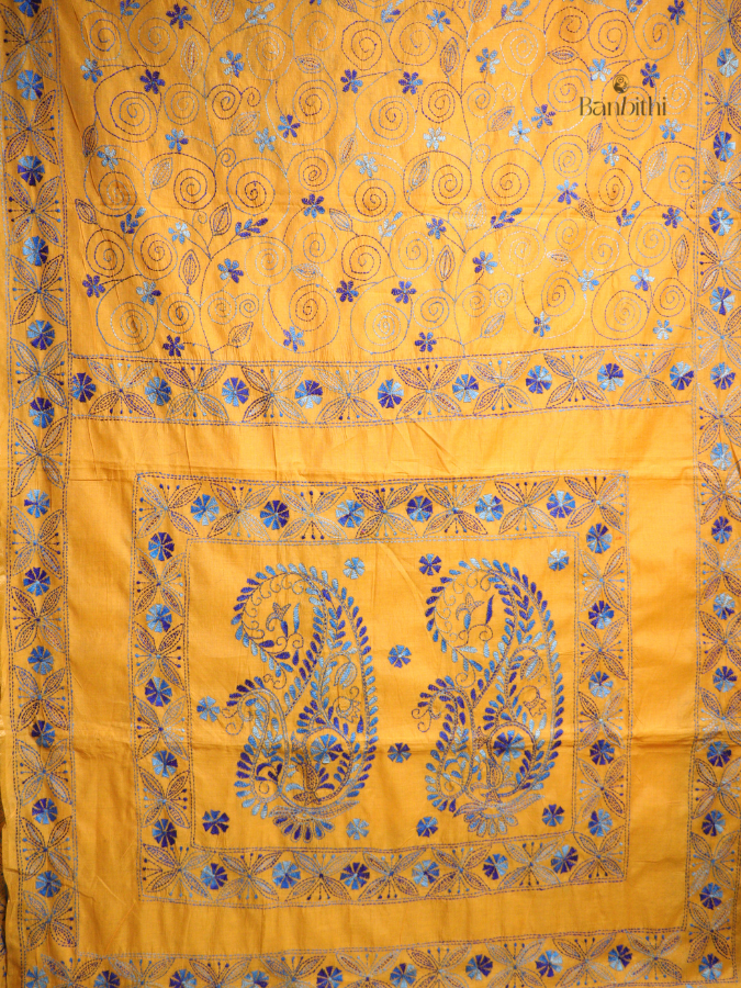 Hand Embroidered Sico Chanderi Saree – Yellow with Blue Thread