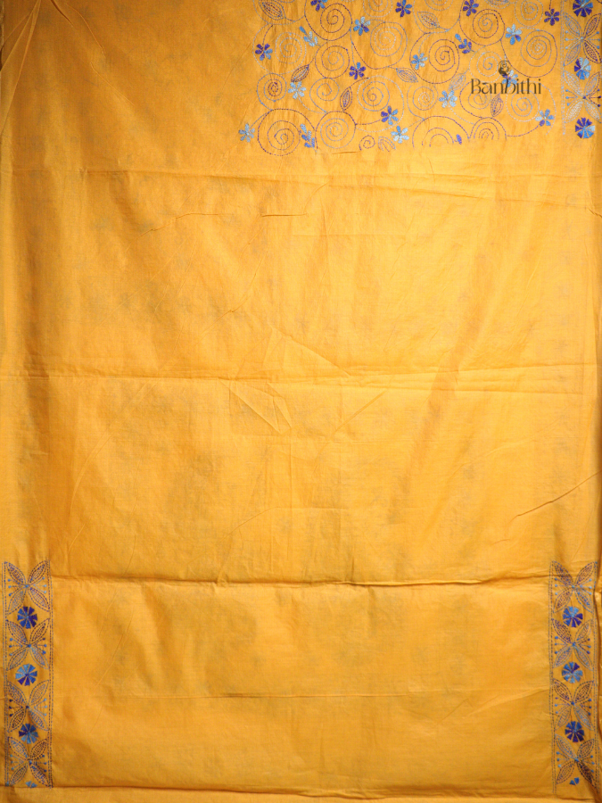 Hand Embroidered Sico Chanderi Saree – Yellow with Blue Thread