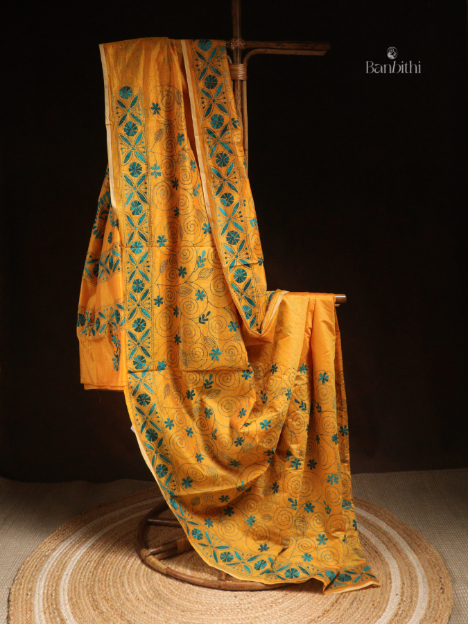 Hand Embroidered Sico Chanderi Saree – Yellow with Blue Thread (Variant II)
