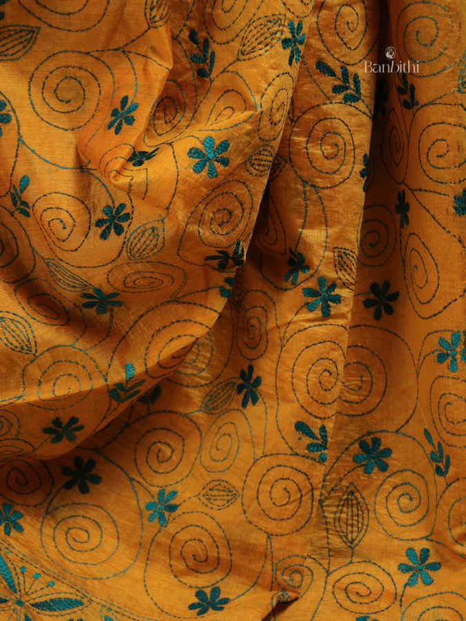 Hand Embroidered Sico Chanderi Saree – Yellow with Blue Thread (Variant II)