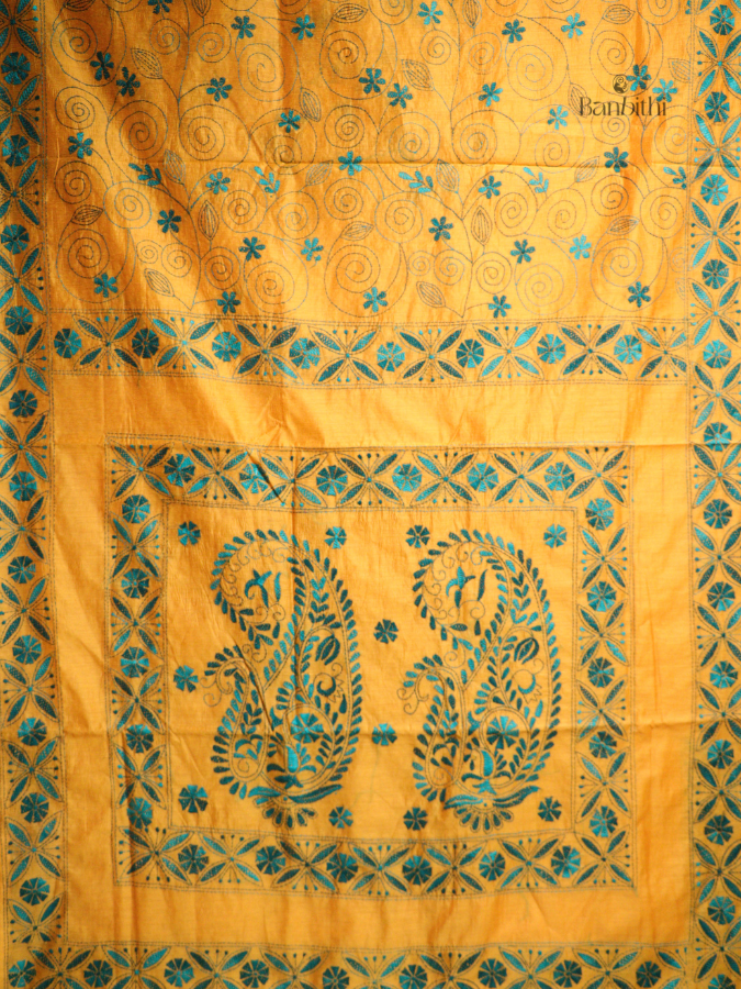 Hand Embroidered Sico Chanderi Saree – Yellow with Blue Thread (Variant II)