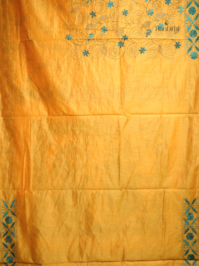 Hand Embroidered Sico Chanderi Saree – Yellow with Blue Thread (Variant II)