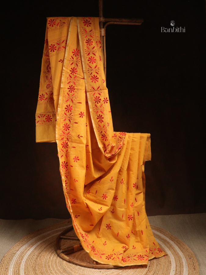 Hand Embroidered Sico Chanderi Saree – Yellow with Red Thread