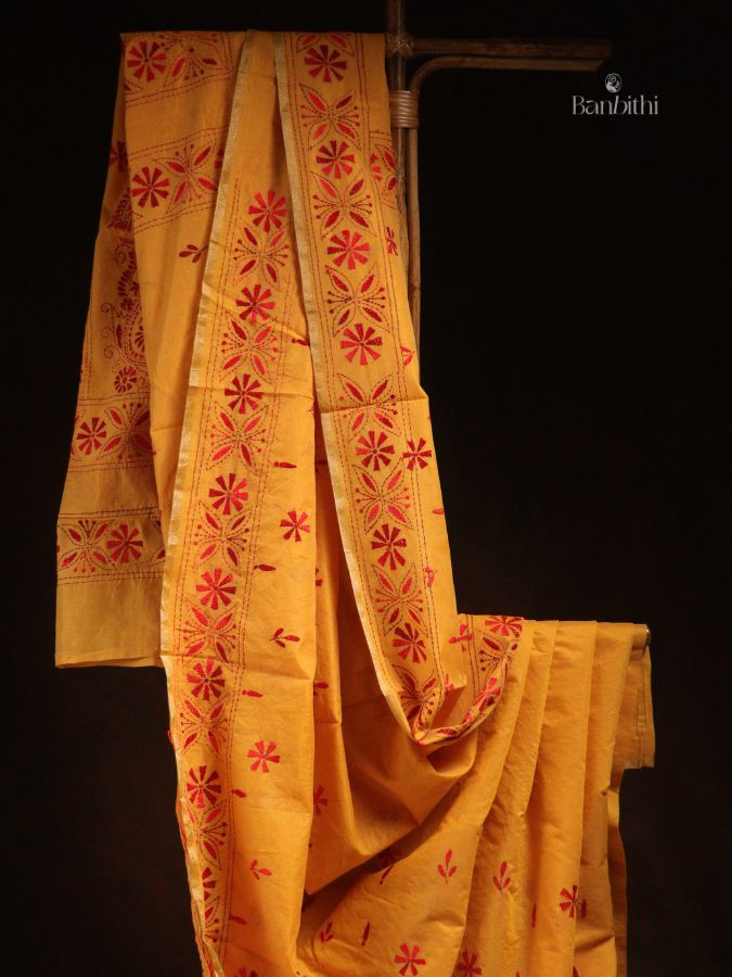 Hand Embroidered Sico Chanderi Saree – Yellow with Red Thread
