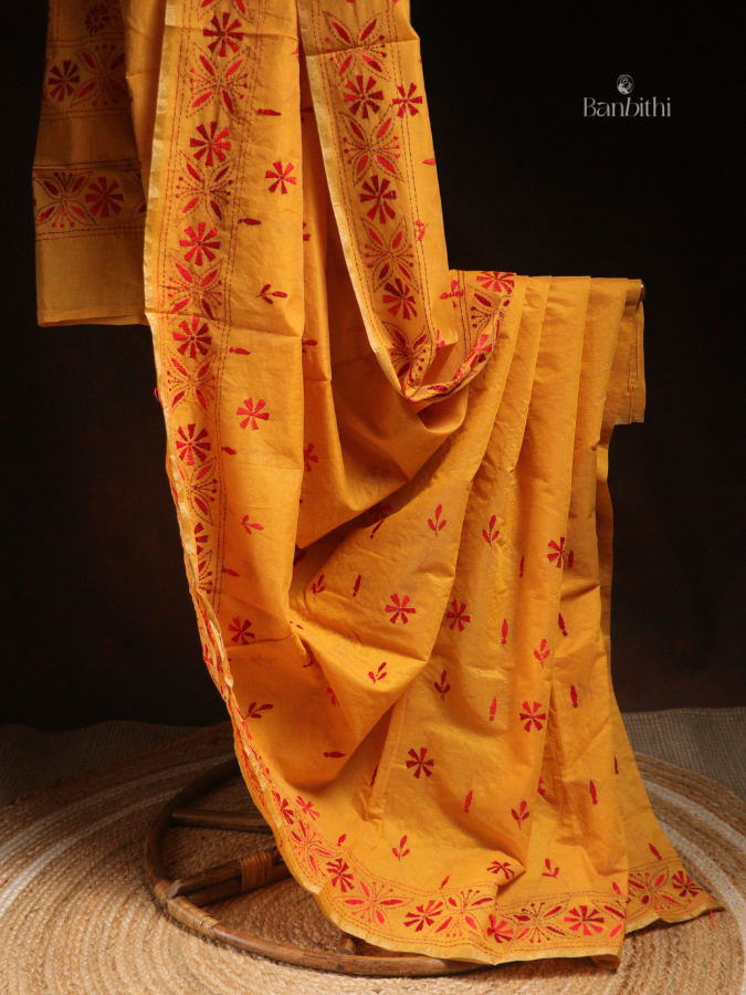 Hand Embroidered Sico Chanderi Saree – Yellow with Red Thread