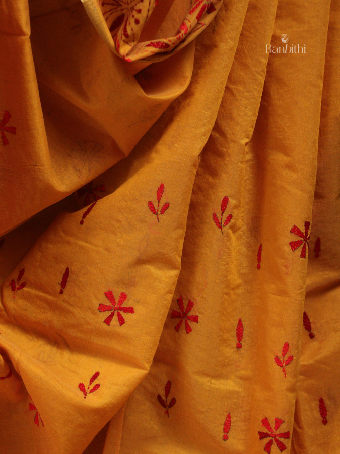 Hand Embroidered Sico Chanderi Saree – Yellow with Red Thread