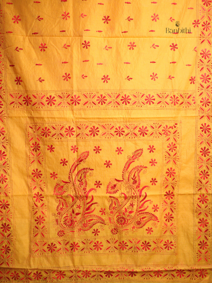 Hand Embroidered Sico Chanderi Saree – Yellow with Red Thread